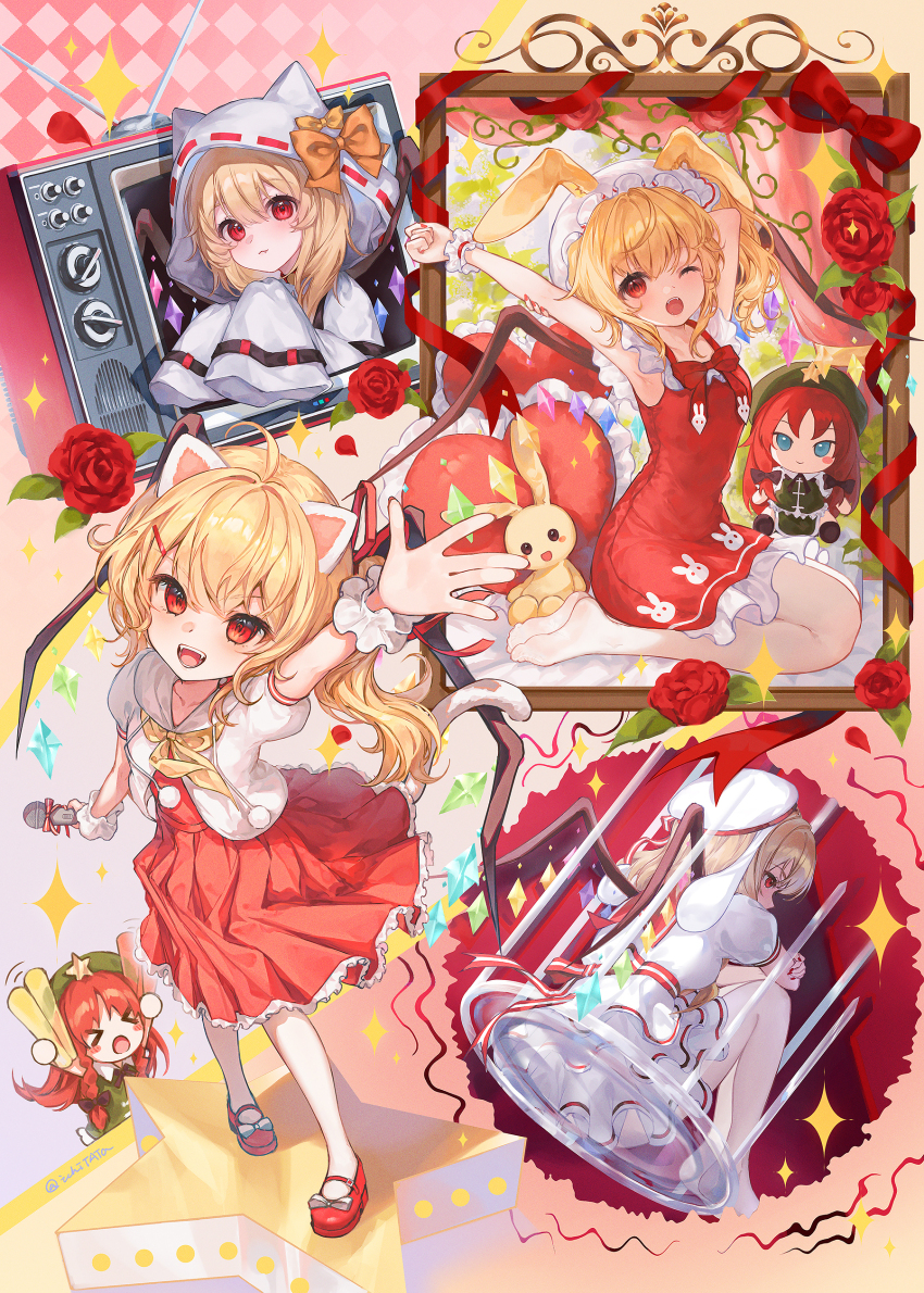 &gt;_&lt; 2girls :o absurdres ahoge animal_ears animal_hood animal_print arm_up armpits arms_up blonde_hair blush_stickers bow cage cat_ears cat_hood chibi chibi_inset closed_mouth commentary_request commission crt crystal_wings dial_television dress fake_animal_ears fangs flandre_scarlet flower footwear_bow frilled_cuffs frilled_dress frilled_pillow frills fumo_(doll) hair_ornament hairpin hat heart heart-shaped_pillow highres holding holding_microphone hong_meiling hood hood_up ichita_(yixisama-shihaohaizhi) in_cage leaf looking_at_viewer mary_janes microphone mixed-language_commentary mob_cap multiple_girls one_eye_closed one_side_up open_mouth orange_bow partial_commentary pillow puffy_short_sleeves puffy_sleeves rabbit_ears rabbit_print red_dress red_eyes red_flower red_footwear red_hair red_nails red_ribbon red_rose ribbon rose seiza shoes short_sleeves sitting sleeves_past_fingers sleeves_past_wrists smile solo_focus sparkle standing stuffed_animal stuffed_rabbit stuffed_toy television touhou white_bow white_dress white_hat white_wrist_cuffs wings wrist_cuffs yawning