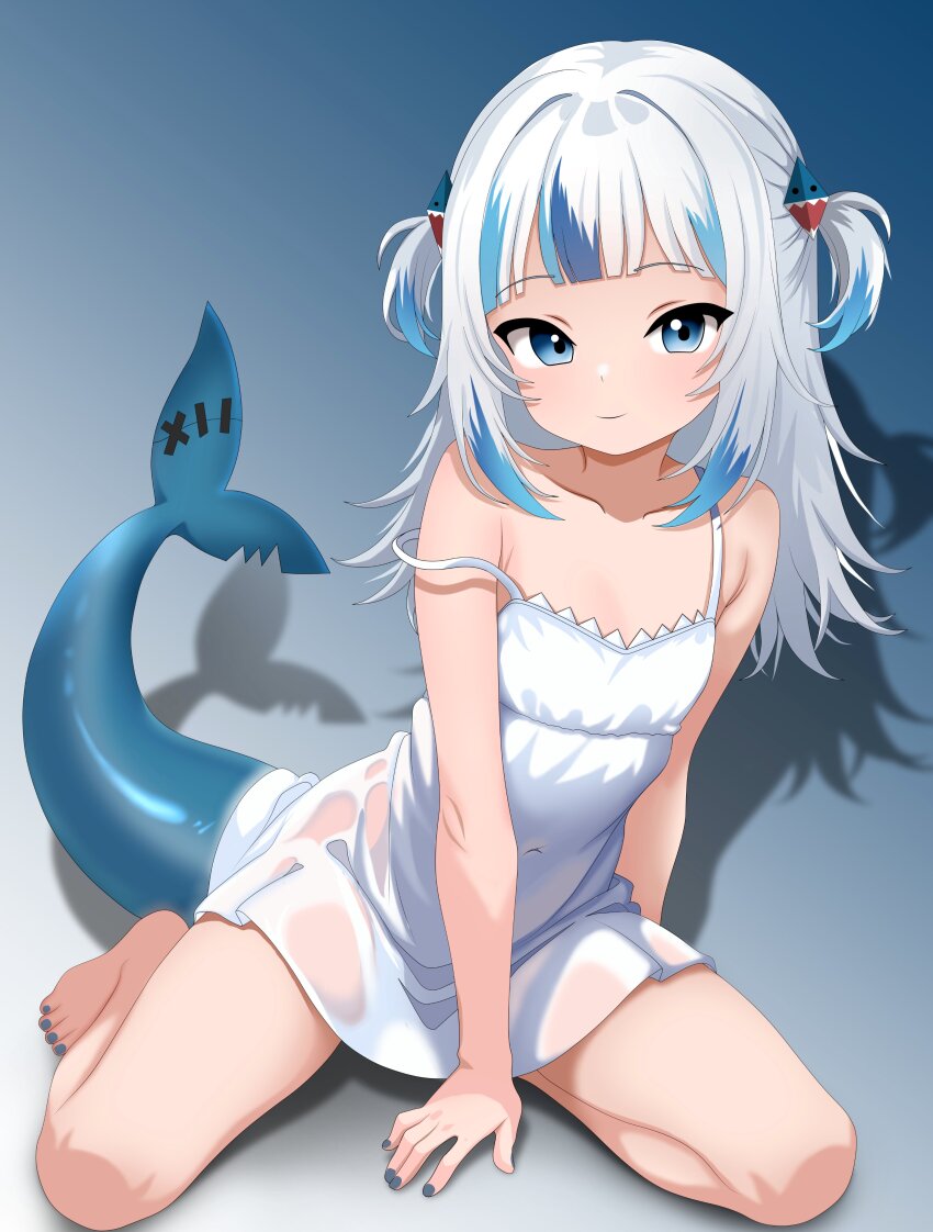1girl bare_shoulders blue_eyes blue_nails dress fins fish_girl fish_tail furfik gawr_gura gradient_background hair_ornament hololive hololive_english kneeling leaning_to_the_side looking_at_viewer multicolored_hair navel see-through_clothes see-through_dress shark_girl shark_hair_ornament shark_tail short_hair simple_background sleepwear sleeveless sleeveless_dress strap_slip streaked_hair tail thighs twintails two-tone_hair very_short_hair virtual_youtuber white_dress white_hair