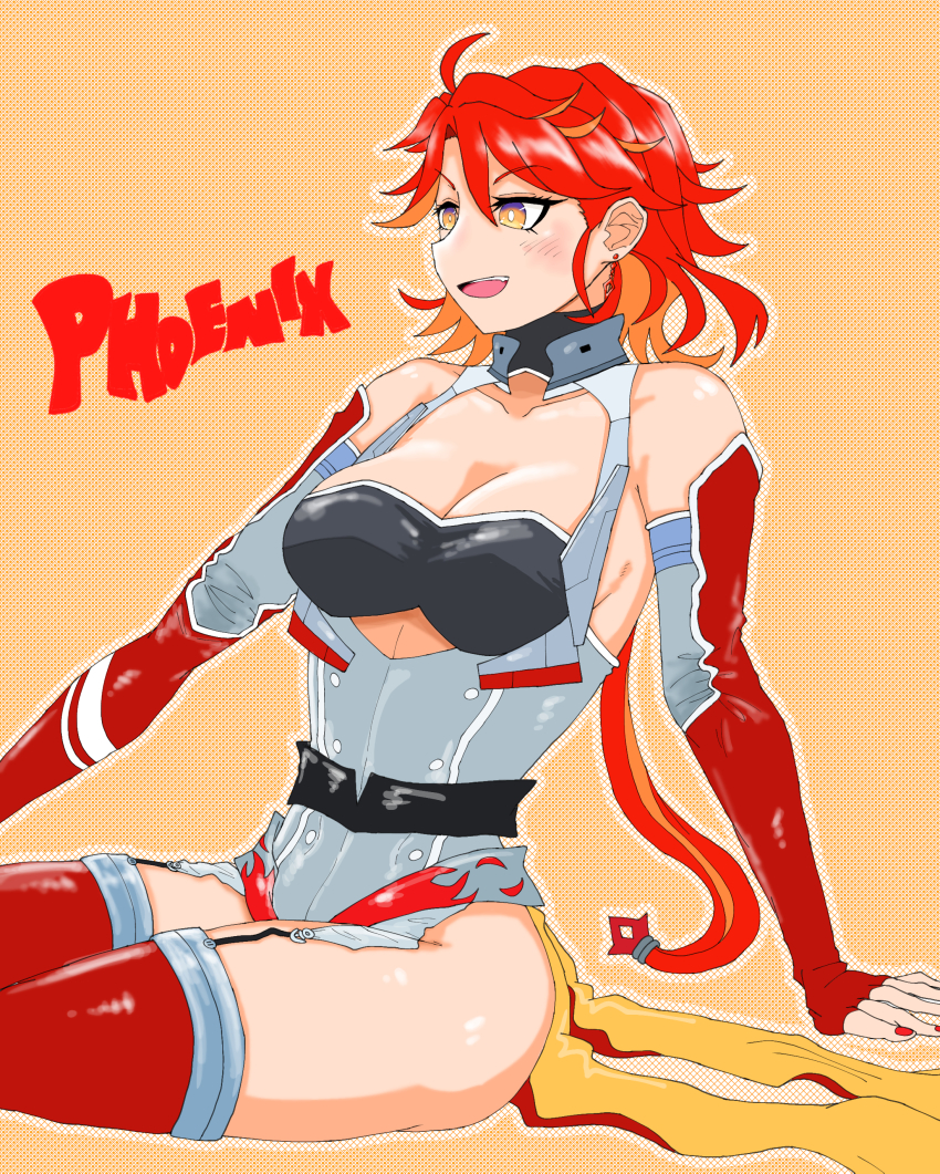 36rt absurdres ass azur_lane breasts cleavage elbow_gloves fingerless_gloves garter_straps gloves gluteal_fold hair_between_eyes hair_ornament highres orange_eyes phoenix_(azur_lane) red_hair smile thick_thighs thighhighs thighs