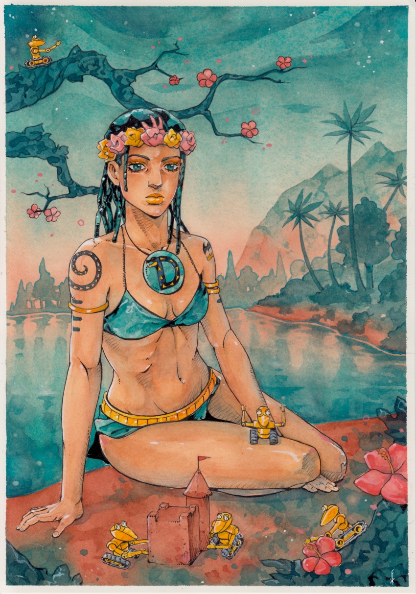 1boy 5others absurdres araki_hirohiko_(style) arm_tattoo bikini black_hair blue_bikini breasts dark-skinned_male dark_skin dragona_joestar dreadlocks flower gold_belt green_eyes hair_flower hair_ornament highres jojo_no_kimyou_na_bouken male_focus male_with_breasts medium_breasts multiple_others on_floor pin sand_castle sand_sculpture sitting smooth_operators stand_(jojo) swimsuit tattoo the_jojolands trap xfkart