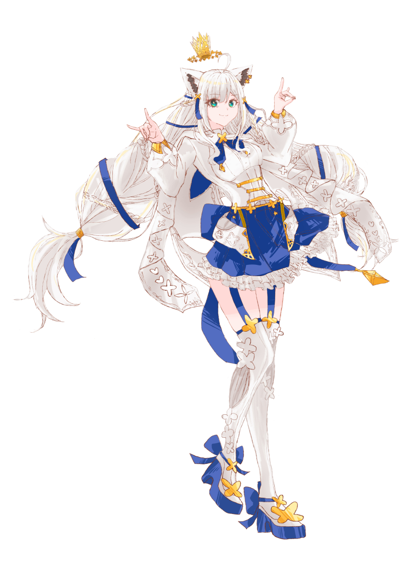 1girl absurdres ahoge animal_ear_fluff animal_ears blue_skirt boots braid breasts commentary_request corset dips double_fox_shadow_puppet earrings floating_crown fox_ears fox_girl fox_shadow_puppet green_eyes hair_between_eyes highres hololive jewelry long_hair looking_at_viewer medium_breasts shirakami_fubuki shirakami_fubuki_(saint) shirt sidelocks simple_background single_braid skirt smile solo thigh_boots thigh_strap twin_braids virtual_youtuber white_background white_hair white_shirt