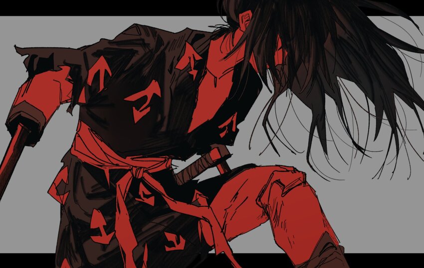 1boy androgynous black_border border dororo_(tezuka) goguma_wagamja grey_background hair_over_face highres hyakkimaru_(dororo) japanese_clothes katana kimono limited_palette male_focus prosthesis prosthetic_arm samurai solo sword weapon