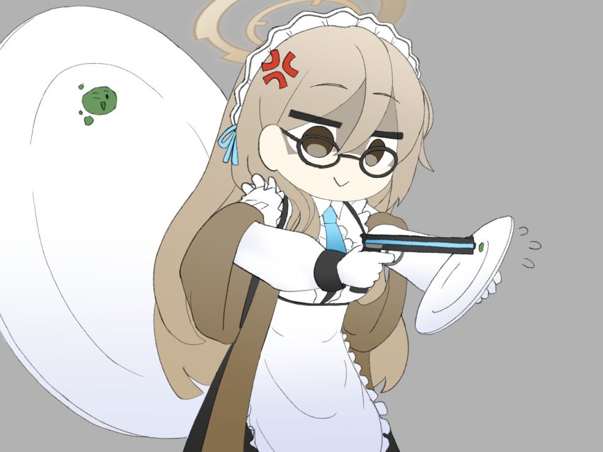 1girl :&gt; akane_(blue_archive) anger_vein apron black_dress blue_archive blue_necktie brown_eyes brown_hair center_frills dress frills glasses grey_background gun halo handgun highres holding holding_gun holding_plate holding_weapon kutsusama long_hair long_sleeves maid_apron necktie pistol plate shaded_face shawl simple_background solo stain upper_body weapon