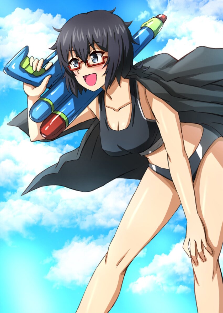 1girl bikini black_bikini black_eyes black_hair blue_sky breasts cloud cloudy_sky commentary day girls_und_panzer girls_und_panzer_senshadou_daisakusen! glasses hand_on_own_knee haori highres holding holding_water_gun japanese_clothes leaning_forward looking_to_the_side medium_breasts medium_hair messy_hair omachi_(slabco) open_mouth oryou_(girls_und_panzer) outdoors over_shoulder ponytail red-framed_eyewear semi-rimless_eyewear short_ponytail sky smile solo standing super_soaker swimsuit under-rim_eyewear water_gun weapon weapon_over_shoulder
