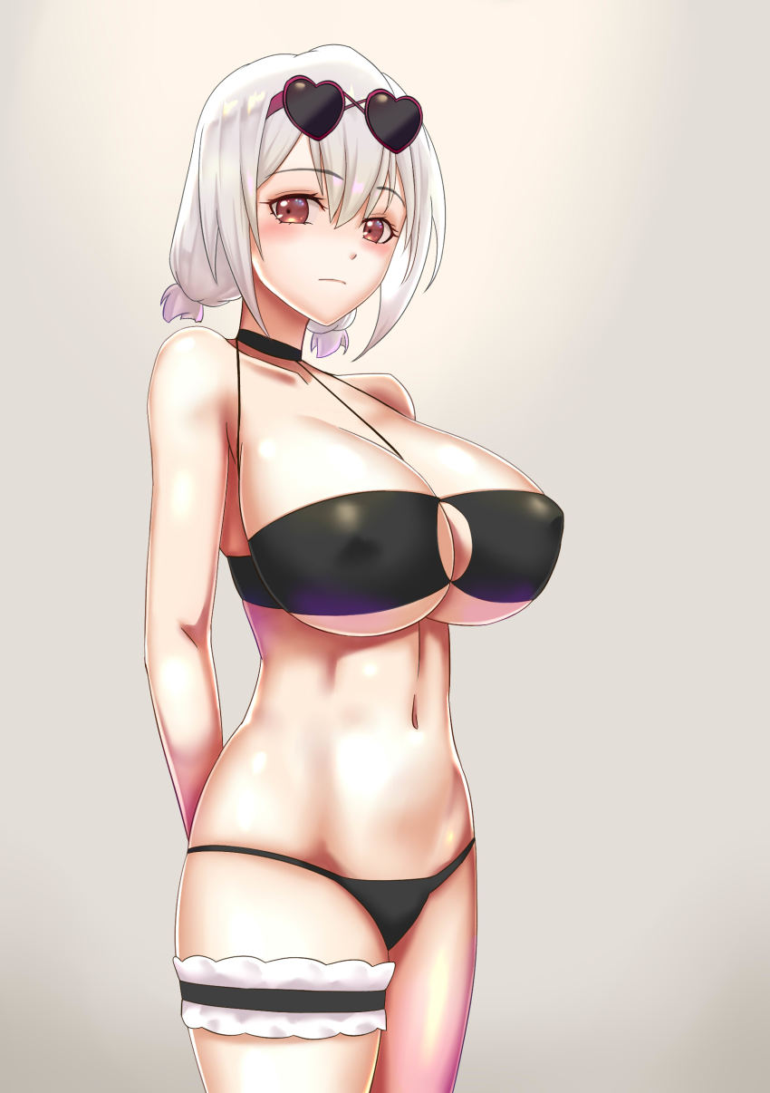 1girl absurdres alternate_costume arms_behind_back azur_lane bare_shoulders bikini black_bikini black_choker blush body_blush breasts choker cleavage closed_mouth covered_erect_nipples der_zweite eyelashes eyewear_on_head female_focus frilled_legwear frilled_thigh_strap from_side gradient_background grey_background hair_between_eyes heart heart-shaped_eyewear highres huge_breasts looking_at_viewer red_eyes short_hair simple_background sirius_(azur_lane) sirius_(scorching-hot_seirios)_(azur_lane) solo standing swimsuit thigh_strap thighs underboob white_hair