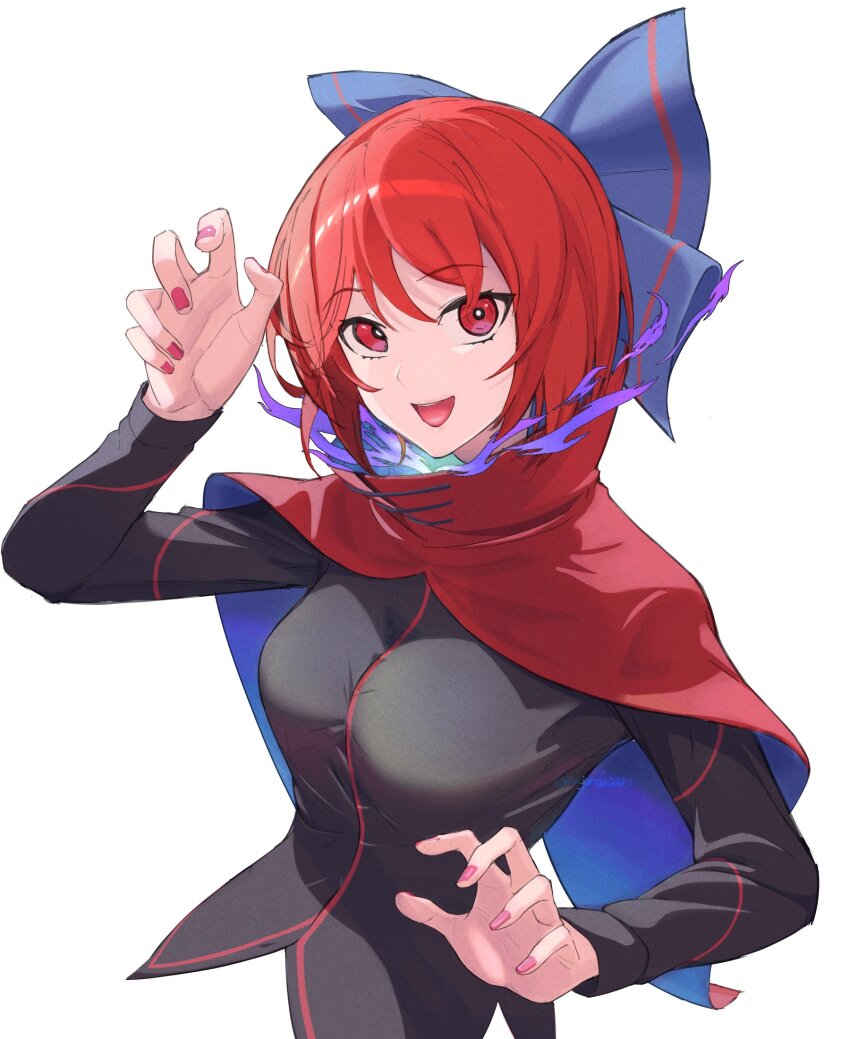 1girl :d black_shirt blue_bow bow breasts claw_pose cloak double_dealing_character hair_bow highres kanpiro long_sleeves looking_at_viewer medium_breasts open_mouth red_cloak red_hair sekibanki shirt short_hair simple_background smile solo touhou twitter_username white_background