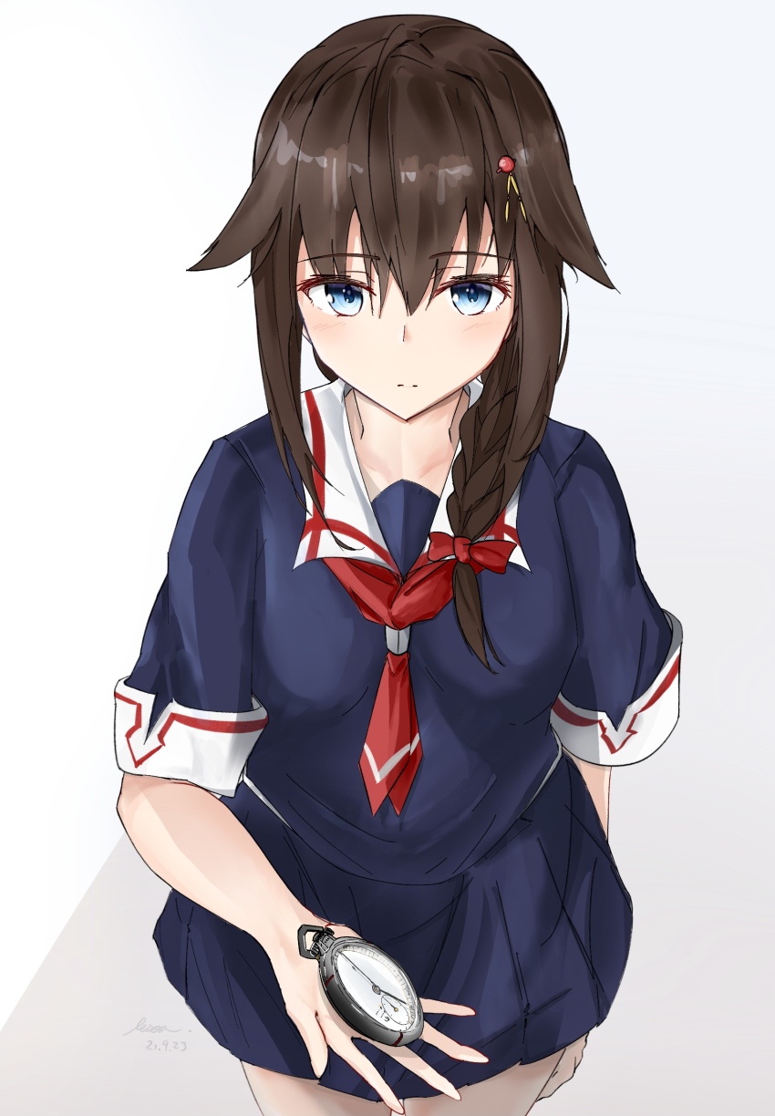 1girl absurdres ahoge black_serafuku black_skirt blue_eyes braid brown_hair dated grey_background hair_between_eyes hair_flaps hair_over_shoulder highres holding holding_pocket_watch kantai_collection lesoa long_hair neckerchief pocket_watch red_neckerchief school_uniform serafuku shigure_(kancolle) shigure_kai_ni_(kancolle) short_sleeves signature simple_background single_braid skirt solo two-tone_background watch white_background