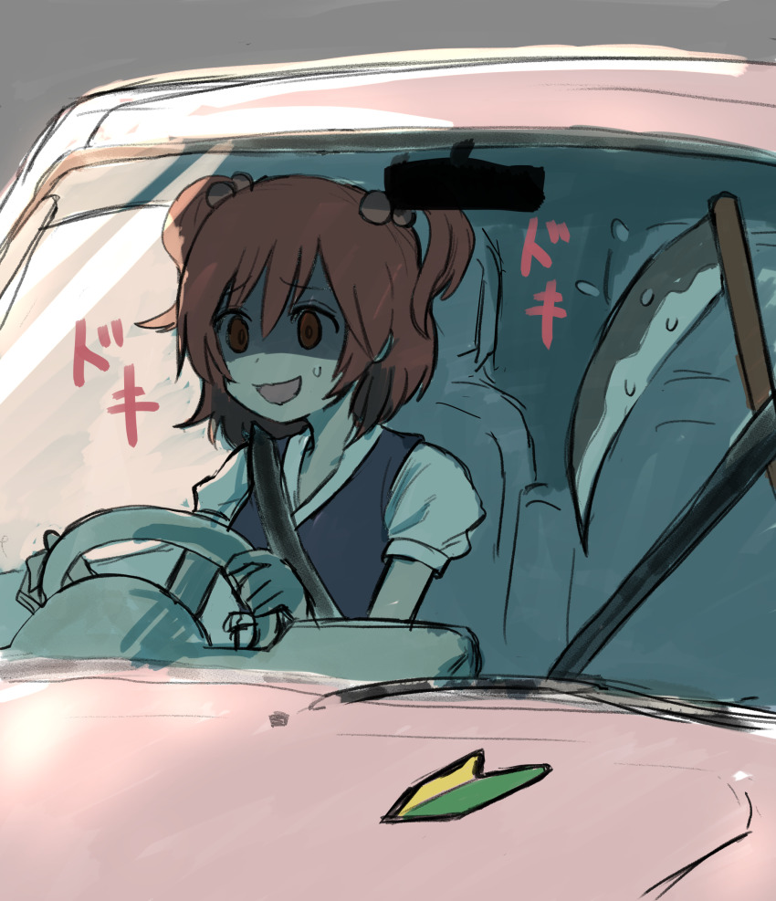 1girl car commentary_request cookie_(touhou) driving grey_background grey_vest haburashi hair_bobbles hair_ornament highres motor_vehicle onozuka_komachi open_mouth puffy_short_sleeves puffy_sleeves red_eyes red_hair scythe shaded_face shirt shishou_(cookie) short_hair short_sleeves shoshinsha_mark smile solo touhou two_side_up upper_body vest white_shirt
