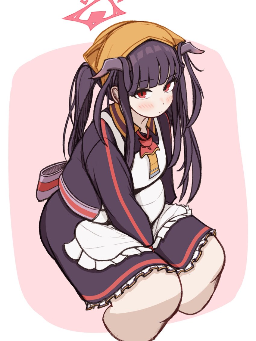1girl apron back_bow between_legs black_dress black_hair blue_archive blush bow dress frilled_apron frills fuuka_(blue_archive) hair_on_horn halo hand_between_legs headscarf highres horns long_hair plump ponytail red_eyes sash sitting solo wawawaltz white_apron yellow_headscarf