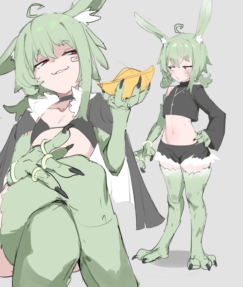 1girl absurdres ahoge animal_ear_fluff animal_ears animal_legs black_bra black_choker bra cape choker claws cropped_jacket crossed_legs cutoffs facial_mark flat_chest full_body green_fur green_hair grey_background grin hand_on_own_hip highres holding_paper_boat looking_to_the_side low_twintails monster_girl open_mouth original paper_boat projected_inset rabbit_ears rabbit_girl red_eyes short_eyebrows short_hair short_shorts shorts simple_background smile thus0thus twintails underwear