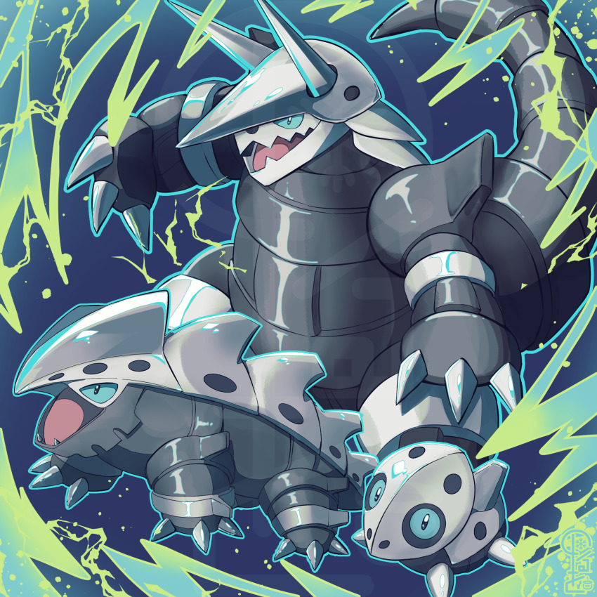 aggron aron blue_background claws commentary_request energy evolutionary_line fangs game_freak gen_3_pokemon highres lairon nintendo no_humans norwo724 open_mouth outline pokemon pokemon_(creature) tongue