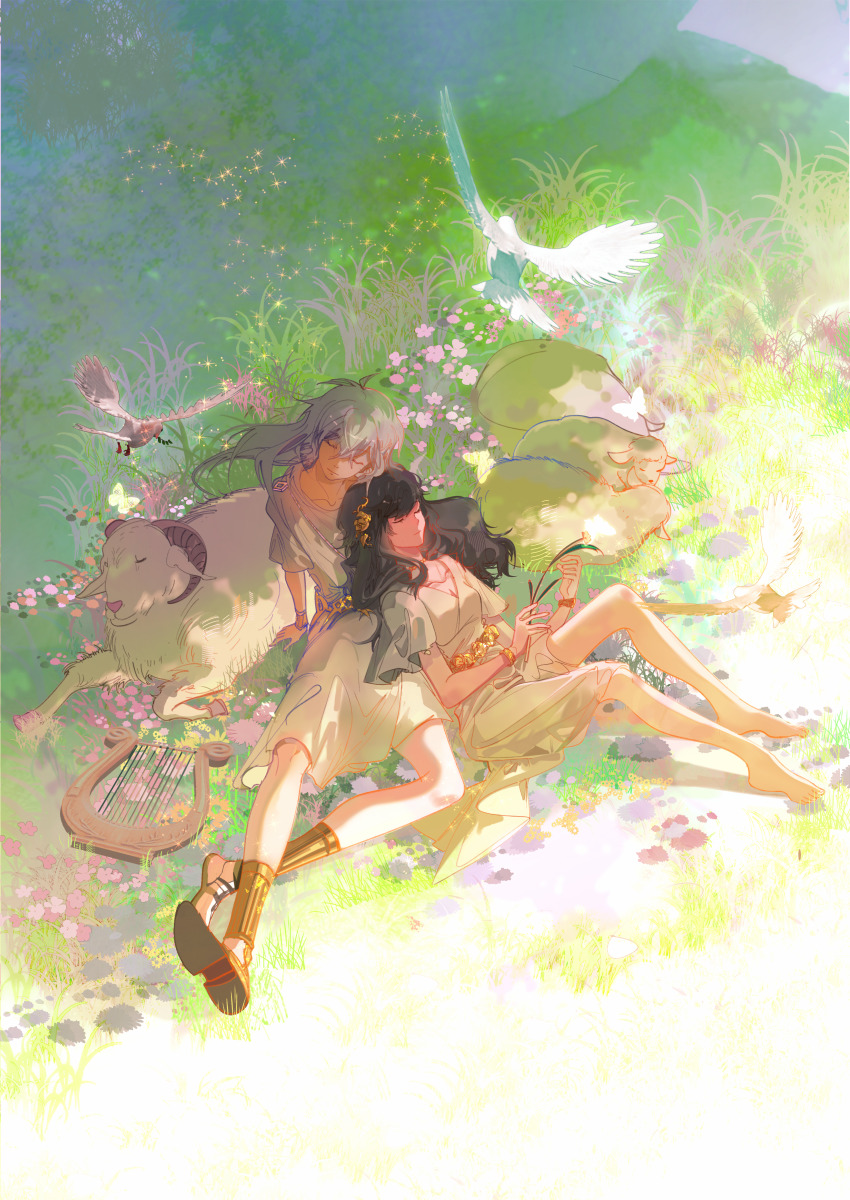 1boy 1girl absurdres aged_down ancient_greek_clothes arm_support armor barefoot bird black_hair bracelet bracer bug butterfly cael_anselm cael_anselm_(white_city) chiton closed_eyes closed_mouth cross-laced_clothes dappled_sunlight day dove dress field flower flower_field from_above full_body gold_belt greaves greco-roman_clothes hair_between_eyes hair_flower hair_ornament hairband heroine_(lovebrush_chronicles) highres holding holding_flower insect instrument jewelry lamb leaning_on_person long_hair lovebrush_chronicles lying lyre necklace on_back on_grass outdoors pink_flower sheep short_sleeves sitting smile sunlight tunic white_butterfly white_dress white_hair white_hairband white_tunic xixun