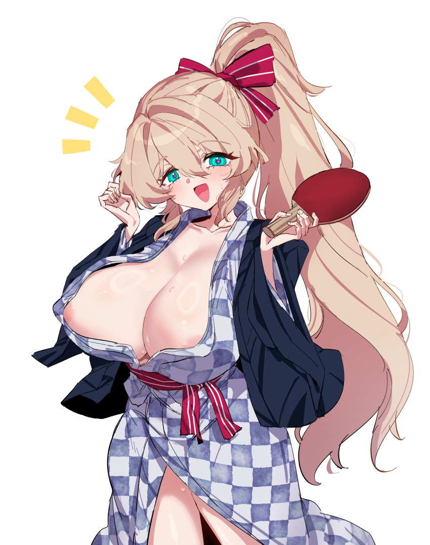 1girl :d absurdres aqua_eyes areola_slip black_jacket blonde_hair blue_kimono bow breasts checkered_clothes checkered_kimono cleavage collarbone commentary cowboy_shot double-parted_bangs english_commentary hair_between_eyes hair_bow hands_up highres huge_breasts jacket japanese_clothes kimono long_hair long_sleeves looking_at_viewer notice_lines open_clothes open_jacket open_mouth original paddle ponytail rayno red_bow simple_background smile solo sweat table_tennis_paddle white_background wide_sleeves yukata