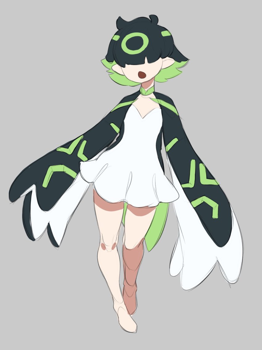 1girl alien animification ben_10 black_hair dress full_body genderswap genderswap_(mtf) green_hair grey_background highres kamii_momoru legs monster_girl multicolored_hair open_mouth short_dress short_hair solo upgrade_(ben_10) white_dress