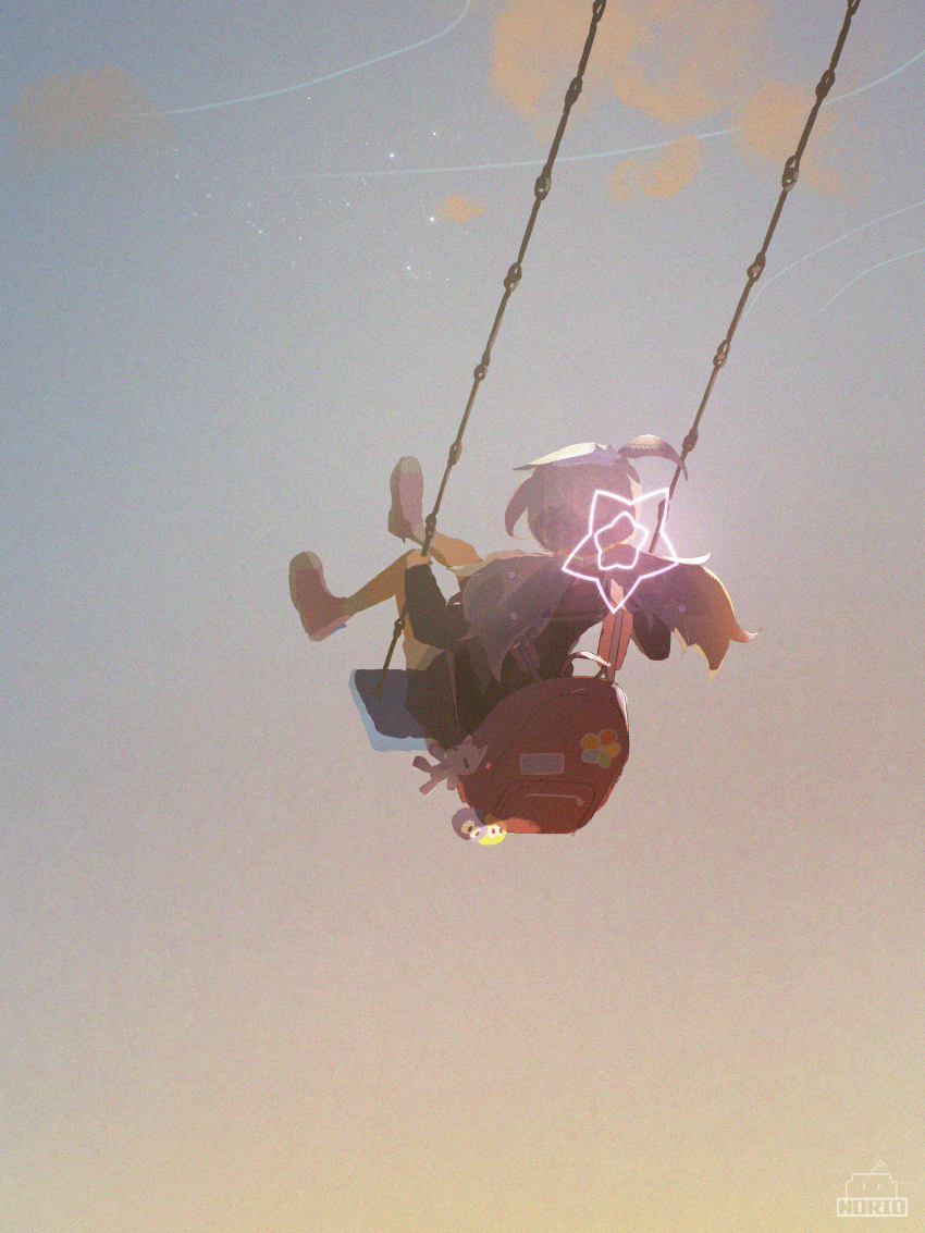 1girl absurdres bag black_jacket blue_archive blue_sky commentary_request constellation from_behind golden_hour highres holding holding_bag jacket norio_(norio386) on_swing pink_shoes purple_hair red_bag reisa_(blue_archive) sailor_collar shoes skirt sky socks swing swinging swinging_on_swing twintails white_sailor_collar white_skirt white_socks
