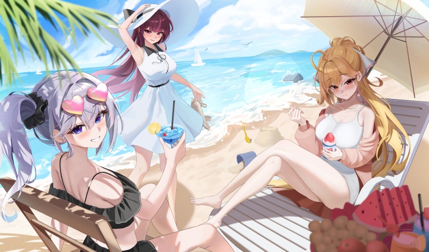 3girls absurdres ahoge arm_up armpits bare_shoulders barefoot beach beach_chair beach_umbrella bikini bird black_bikini black_sash black_scrunchie blonde_hair blue_eyes blue_hawaii blue_sky blush boat bow breasts chair closed_mouth cloud collared_dress crossed_legs cup day dress drink drinking_glass drinking_straw eyewear_on_head food frilled_bikini frills fruit grey_hair grin hair_between_eyes hair_bow hair_intakes hair_ornament hair_scrunchie hand_on_headwear hat heart heart-shaped_eyewear highres holding holding_sandals holding_spoon horizon ice ine_(vtuber) jingburger jururu large_breasts lemon lemon_slice lens_flare long_hair looking_at_viewer looking_back multicolored_hair multiple_girls ocean off_shoulder orange_sweater outdoors parted_lips ponytail purple_eyes purple_hair red_eyes rock sailboat sandals sash scrunchie shaved_ice shore side_ponytail sitting sky smile spoon standing streaked_hair su2ro sun_hat sundress sunglasses sweater swimsuit tropical_drink umbrella very_long_hair virtual_youtuber waktaverse water watercraft white_bow white_dress white_hat