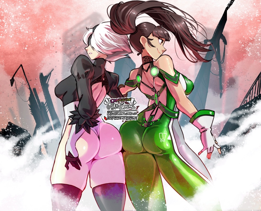 2b_(nier:automata) 2girls absurdres ass ass-to-ass ass_focus black_blindfold black_hair black_thighhighs blindfold blunt_bangs bodysuit breasts brown_eyes brown_hair crossover eve_(stellar_blade) facing_away female_focus green_bodysuit hairband haysey highres juliet_sleeves leotard long_hair long_sleeves multicolored_bodysuit multiple_girls nier:automata nier_(series) planet_diving_suit_(7th)_(stellar_blade) ponytail puffy_sleeves short_hair skin_tight skindentation smirk square_enix stellar_blade thighhighs thighs thong thong_leotard trait_connection very_long_hair white_hair