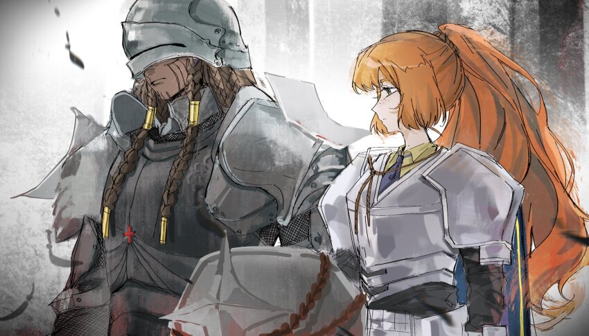 2girls armor blue_necktie braided_dreadlocks collared_shirt dark-skinned_female dark_skin facial_tattoo freckles highres humian0101 ishmael_(project_moon) knight limbus_company long_hair metal_hair_tubes multiple_girls necktie orange_hair ponytail project_moon queequeg_(project_moon) shirt tattoo upper_body zwei_west_(identity)_(project_moon)