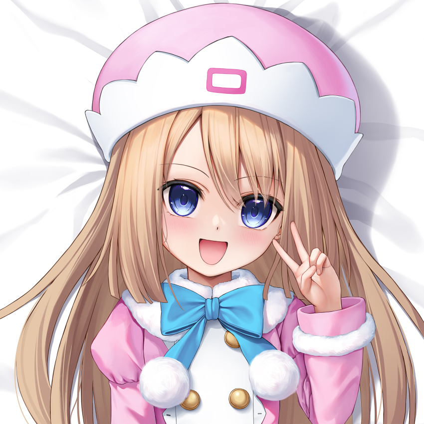 1girl blue_bow blue_bowtie blue_eyes bow bowtie brown_hair coat dakimakura_(medium) fur-trimmed_coat fur_trim hand_up hat highres keine09 long_hair neptune_(series) open_mouth pink_coat pink_hat pom_pom_(clothes) ram_(neptunia)