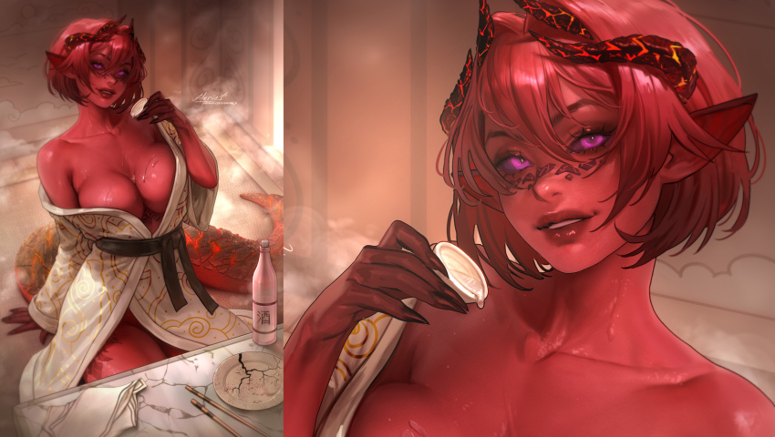 1girl alcohol aleriia_v artist_name bottle breasts chopsticks collarbone colored_skin dragon_girl dragon_horns dragon_tail highres horns japanese_clothes kimono large_breasts looking_at_viewer multiple_views original plate pointy_ears red_hair red_skin sake sake_bottle shiny_skin smile table tail tokkuri wet white_kimono
