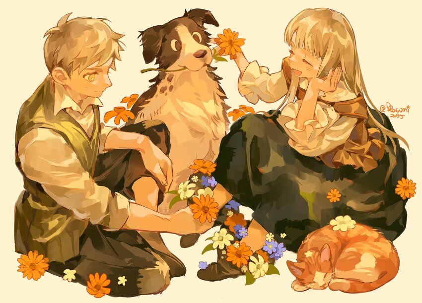 1boy 1girl aged_down animal arm_up blonde_hair blue_flower brother_and_sister cat closed_mouth collared_shirt dated dog dress dungeon_meshi eyelashes falin_touden fingernails flower flower_in_mouth frilled_sleeves frills full_body green_vest head_rest highres holding holding_flower kasumi007 laios_touden leaf long_hair long_sleeves open_collar open_mouth orange_cat orange_flower shirt shoes siblings sitting sleeve_cuffs smile tabby_cat three-quarter_sleeves twitter_username vest white_flower white_shirt wing_collar yellow_eyes yellow_flower