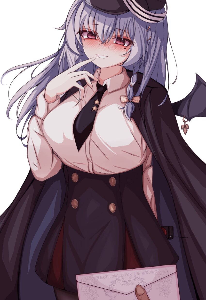 1girl 1other absurdres black_necktie black_wings blue_archive demon_wings gbr20210907 grey_hair halo haruna_(blue_archive) hat highres looking_at_viewer necktie orange_eyes shirt white_shirt wings