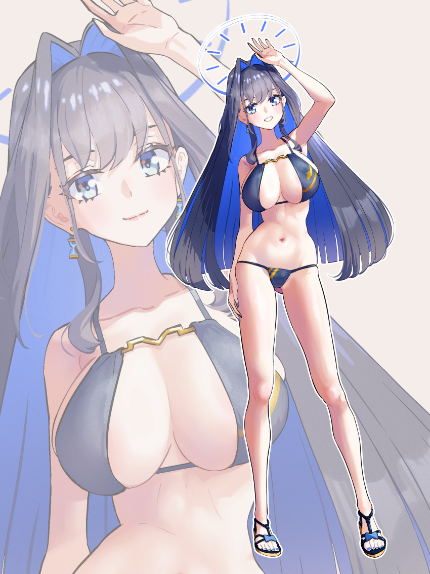 1girl :d absurdres alternate_costume alternate_hairstyle arm_up armpits bikini bilingual_commentary blue_bikini blue_eyes blue_hair blue_nails breasts cleavage closed_mouth colored_inner_hair commentary earrings english_commentary fanged_bangs feet fueppu full_body grin hair_intakes halo highres hololive hololive_english jewelry large_breasts long_hair looking_at_viewer mixed-language_commentary multicolored_hair nail_polish navel open_mouth ouro_kronii sandals sidelocks smile stomach string_bikini swimsuit toenail_polish toenails toes very_long_hair virtual_youtuber zoom_layer