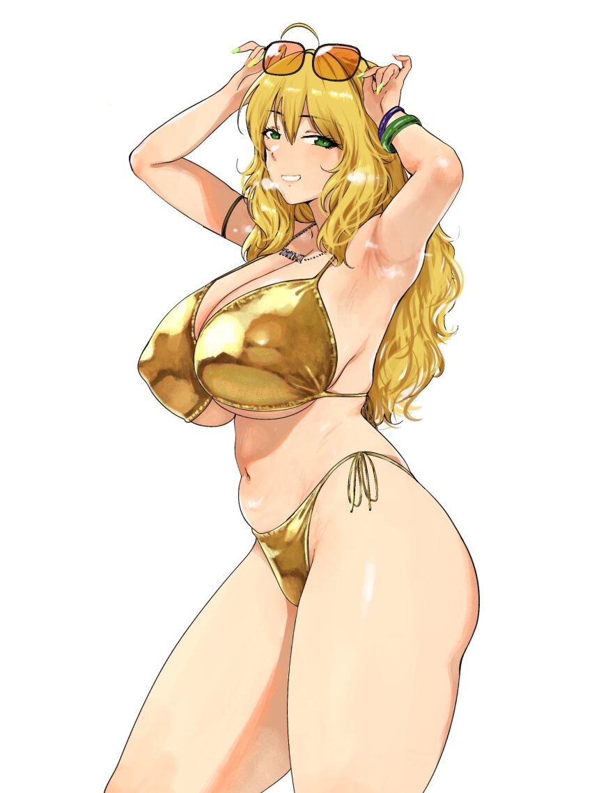 1girl absurdres adjusting_eyewear ahoge armpits arms_up belly bikini blonde_hair bracelet breasts cowboy_shot eyewear_on_head fingernails from_side gold_bikini green_eyes green_nails grin highres hoshii_miki huge_breasts idolmaster idolmaster_(classic) jewelry kumako_(kumakonoh) long_fingernails long_hair looking_at_viewer nail_polish navel necklace plump side-tie_bikini_bottom simple_background smile solo standing sunglasses swimsuit white_background