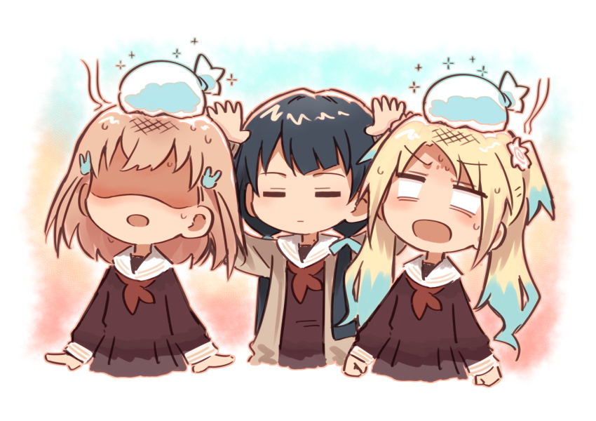 3girls :o arms_at_sides arms_up bad_id bad_twitter_id blank_eyes blonde_hair blue_hair blue_ribbon brown_cardigan brown_dress bullfalk cardigan clenched_hands closed_eyes closed_mouth colored_tips crossed_bangs dark_blue_hair dress flower hair_flower hair_ornament hair_ribbon hasu_no_sora_school_uniform head_steam hinoshita_kaho ice_pack light_blue_hair light_brown_hair link!_like!_love_live! long_hair long_sleeves love_live! low_twintails medium_hair mole mole_on_neck multicolored_hair multiple_girls murano_sayaka neckerchief no_eyes open_cardigan open_clothes open_hands open_mouth osawa_rurino parted_bangs pink_flower pleated_dress rabbit_hair_ornament red_neckerchief ribbon sailor_collar sailor_dress school_uniform shaded_face sparkle sweat twintails two_side_up virtual_youtuber white_flower white_sailor_collar winter_uniform