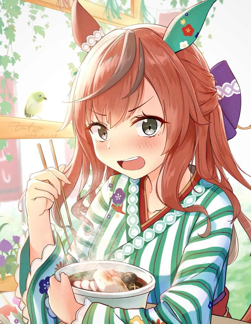 1girl alternate_hairstyle bird blush bow bowl brown_eyes chopsticks collarbone ear_covers food fritz614 hair_bow hair_ornament highres horse_girl japanese_clothes kimono long_hair looking_at_viewer nice_nature_(converging_wishes)_(umamusume) nice_nature_(umamusume) official_alternate_costume solo steam teeth umamusume upper_teeth_only