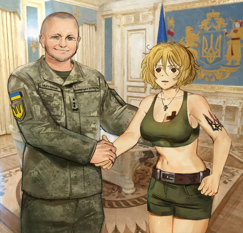1girl arm_tattoo azov_battalion bare_shoulders blonde_hair blush breasts brown_eyes camouflage chest_tattoo cleavage coat_of_arms commentary crop_top cross digital_camouflage english_commentary fang green_shorts green_sports_bra handshake highres indoors jewelry large_breasts latin_cross long_sleeves looking_at_viewer marichka medium_hair meme military military_fatigues military_uniform navel necklace original patch politics real_life russo-ukrainian_war shorts shoulder_patch skin_fang sports_bra stomach tattoo the_office translated trident_print tryzub ukrainian_flag ukrainian_ground_forces ukrainian_text usergore valerii_zaluzhnyi young_michael_scott_shaking_ed_truck&#039;s_hand_(meme)