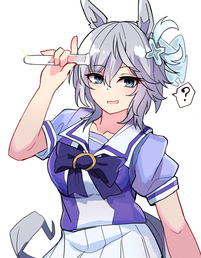 1girl ? agnes_tachyon_(umamusume) anastasia_(idolmaster) animal_ears arm_up blue_eyes borrowed_hairstyle bow collarbone glint grey_hair highres holding horse_ears horse_girl horse_tail idolmaster idolmaster_cinderella_girls kawamochi_(kawauti919) pleated_skirt puffy_short_sleeves puffy_sleeves purple_bow purple_shirt school_uniform shirt short_sleeves simple_background skirt solo spoken_question_mark tail test_tube tracen_school_uniform uesaka_sumire umamusume vial voice_actor_connection white_background white_skirt wolf_cut