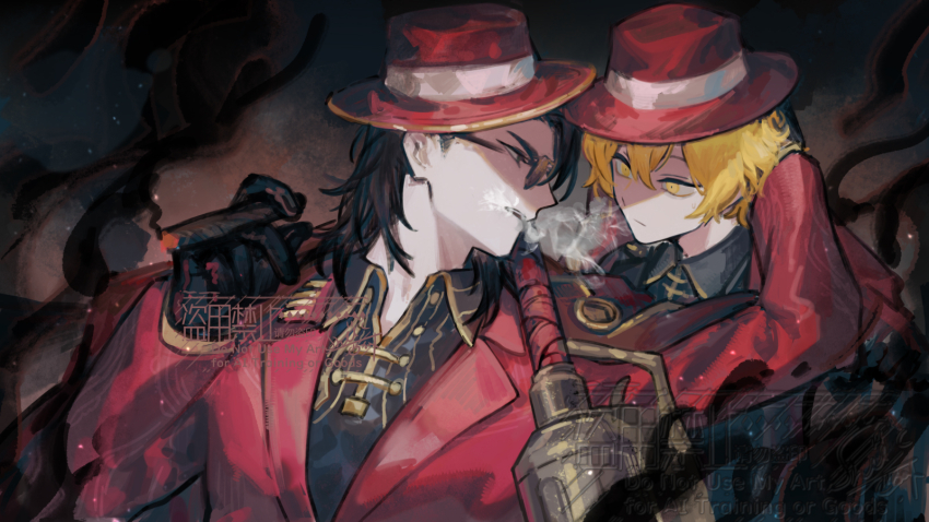 2boys arm_up black_gloves black_hair blonde_hair buttons cigar closed_mouth gloves gold_trim hat highres holding holding_cigar jacket lapels limbus_company medium_hair meursault_(project_moon) multiple_boys nishikujic notched_lapels open_mouth project_moon red_hat red_jacket sinclair_(project_moon) smoke smoking sword thumb_(identity)_(project_moon) weapon yellow_eyes