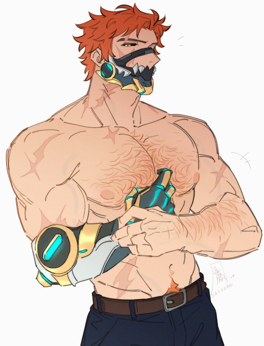 1boy absurdres arm_hair bara belt belt_buckle black_sclera blue_pants brown_belt buckle chest_hair colored_sclera commentary cowboy_shot curtained_hair cyborg english_commentary fire_emblem fire_emblem:_three_houses groin hairy highres male_focus multiple_scars navel nintendo nipples orange_hair pants pectorals prosthesis prosthetic_arm satodee scar scar_on_arm scar_on_face scar_on_neck scar_on_shoulder short_hair simple_background solo sylvain_jose_gautier topless_male white_background yellow_eyes