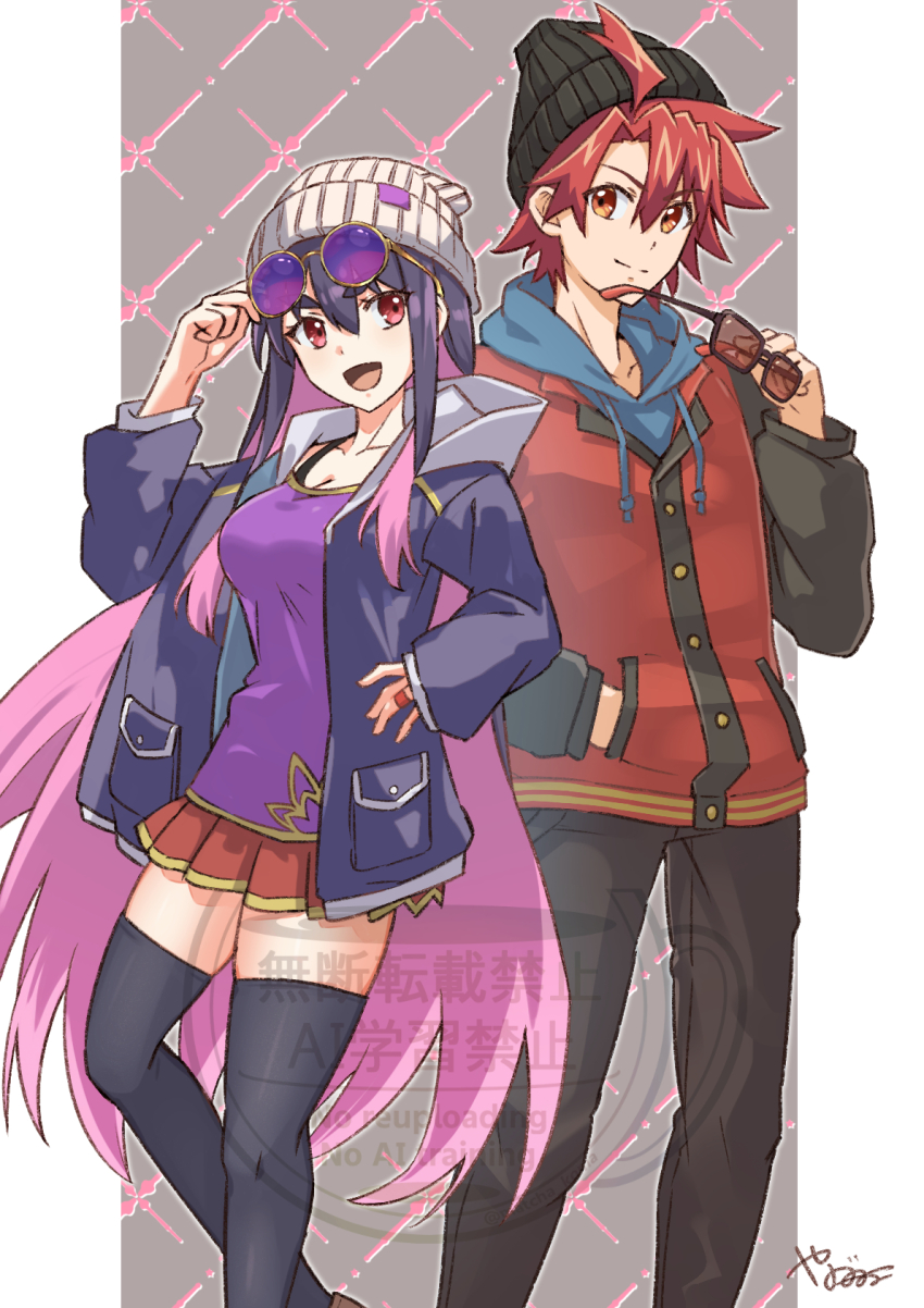 1boy 1girl asagaki_toogo bandaid beanie black_leggings black_pants breasts closed_mouth glasses hat highres hood hood_down idola_avorn jacket large_breasts leggings multicolored_hair open_clothes open_jacket open_mouth pants purple_hair purple_shirt red_eyes red_hair sentai_red_ga_isekai_de_boukensha_ni_naru shirt signature two-tone_hair yanagimachi