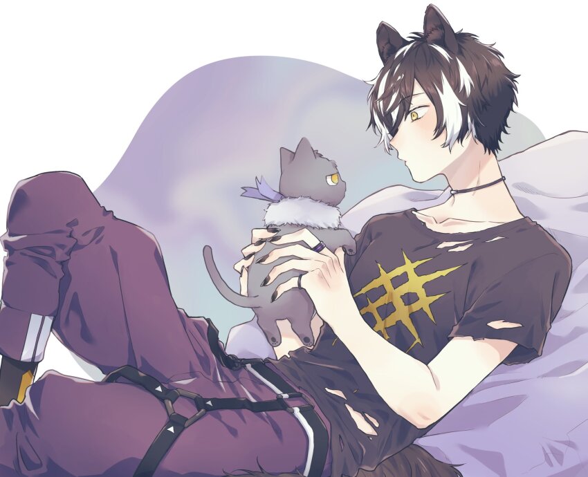 1boy animal animal_ears black_choker black_hair black_nails black_shirt blush cat choker feet_out_of_frame fingernails fugampiyo hair_over_one_eye highres holding holding_animal holostars jackal_boy jackal_ears jackal_tail jewelry kageyama_shien knee_up looking_at_animal male_focus multicolored_hair multiple_rings nekoyama_shien official_alternate_costume pants print_shirt profile purple_pants reclining ring sharp_fingernails shirt short_hair short_sleeves solo streaked_hair t-shirt tail thigh_strap torn_clothes torn_shirt two-tone_hair virtual_youtuber white_background white_hair yellow_eyes