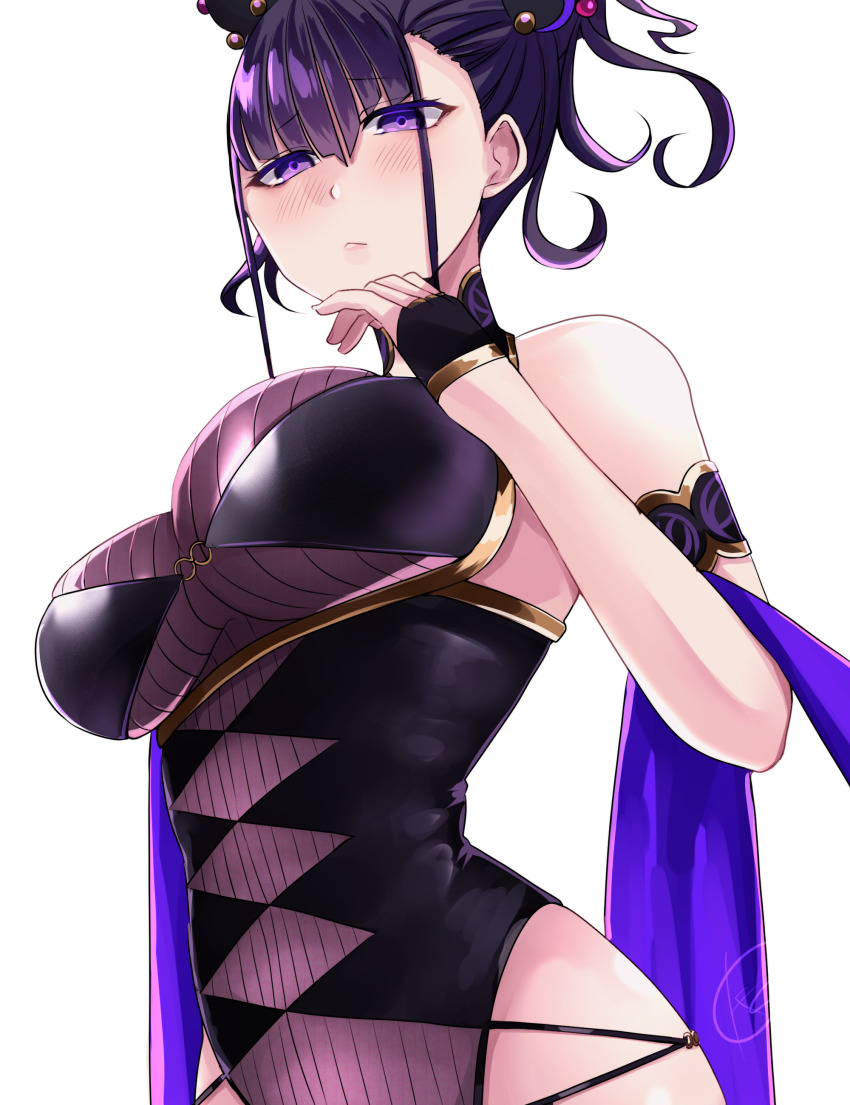 1girl absurdres armlet bare_shoulders black_gloves black_one-piece_swimsuit blush breasts fate/grand_order fate_(series) fingerless_gloves flower gloves gold_trim hair_flower hair_ornament hair_up half_gloves highleg highleg_one-piece_swimsuit highres jewelry kankitsu_kei large_breasts long_hair looking_at_viewer murasaki_shikibu_(fate) murasaki_shikibu_(swimsuit_rider)_(fate) murasaki_shikibu_(swimsuit_rider)_(first_ascension)_(fate) one-piece_swimsuit purple_eyes purple_hair sash solo swimsuit