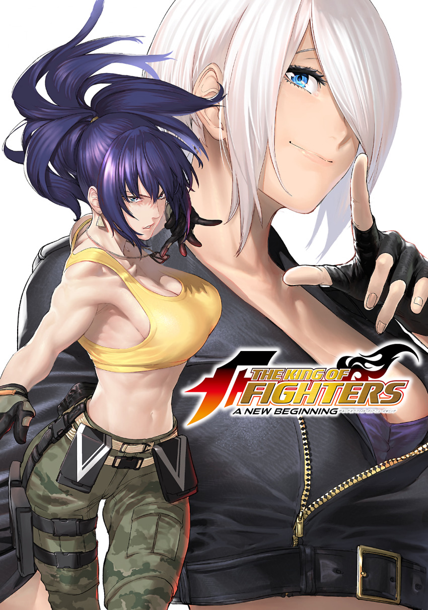 abs angel_(kof) azuma_kyoutarou_(artist) belt biceps black_gloves blue_eyes blue_hair breasts chaps cleavage closed_mouth crop_top cropped_jacket earrings fingerless_gloves gloves hair_between_eyes hair_over_one_eye high_ponytail highres jacket jewelry large_breasts leona_heidern midriff military military_uniform muscular muscular_female navel necklace official_art pants ponytail pouch sideboob smile snk stomach tank_top the_king_of_fighters the_king_of_fighters:_a_new_beginning toned utility_belt white_hair yellow_tank_top