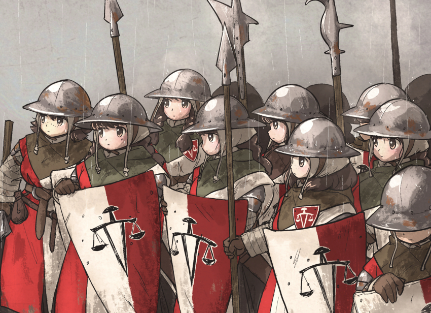 6+girls balance_scale_print breasts brown_eyes brown_hair commentary english_commentary freckles from_side glaive_(polearm) gradient_background grey_background helmet highres holding holding_mace holding_polearm holding_shield holding_weapon ironlily kettle_helm large_breasts long_hair mace medium_hair multiple_girls ordo_mediare_sisters_(ironlily) outdoors planted polearm pouch rain shield shiny_clothes spear surcoat sword_print weapon wet wet_clothes
