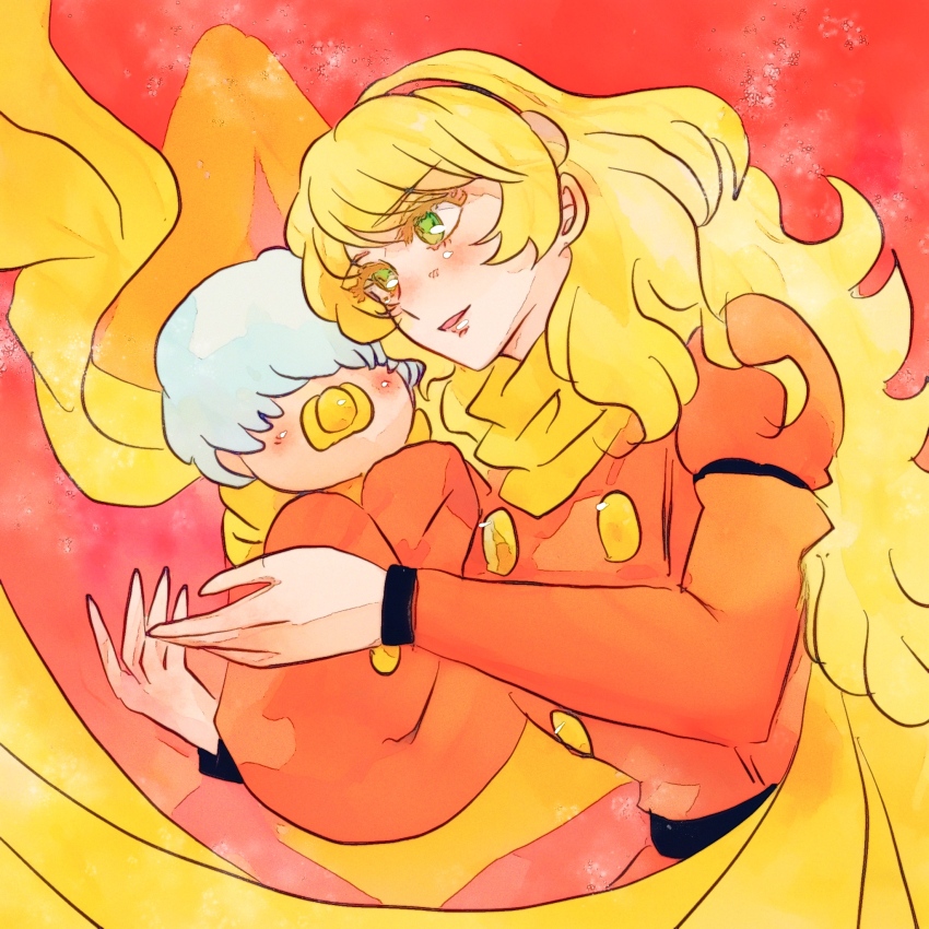 1boy 1girl blonde_hair blush buttons coat cyborg cyborg_009 francoise_arnoul green_eyes grey_hair hair_over_face hairband highres hug ivan_whisky long_hair looking_at_another red_coat red_hairband sariokisu scarf short_hair yellow_scarf
