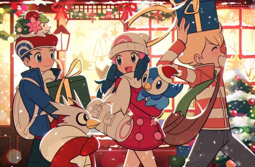 1girl 2boys backpack bag barry_(pokemon) beanie blonde_hair blue_eyes blue_hair blue_jacket christmas christmas_present christmas_tree chueog closed_eyes dawn_(pokemon) delibird from_side game_freak gen_2_pokemon gen_4_pokemon gift green_scarf grey_pants hat highres jacket legendary_pokemon long_hair long_sleeves lucas_(pokemon) multiple_boys mythical_pokemon nintendo outdoors pants piplup pokemon pokemon_dppt pokemon_platinum red_hat red_jacket santa_hat scarf shaymin short_hair shoulder_bag smile snover snow striped_clothes striped_jacket walking white_bag white_hat white_scarf