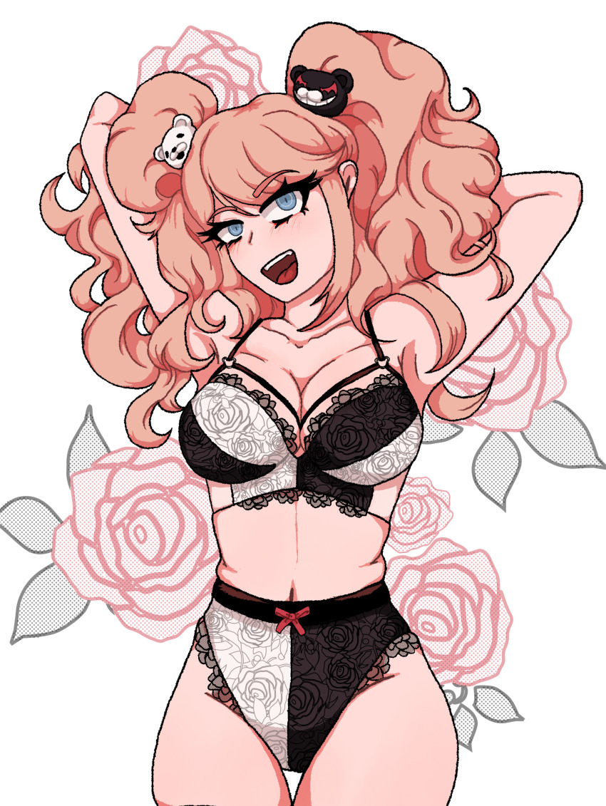 1girl armpits arms_behind_back arms_behind_head arms_up bear_hair_ornament black_bra black_lingerie black_panties blonde_hair blue_eyes bow bra breasts cleavage collarbone danganronpa:_trigger_happy_havoc danganronpa_(series) enoshima_junko eyebrows eyelashes female_focus flower hair_ornament lingerie multicolored_bra multicolored_panties open_mouth panties princescar red_bow rose simple_background solo solo_focus standing teeth tongue twintails underwear upper_teeth_only white_background white_bra white_lingere white_panties