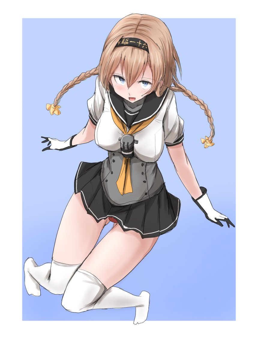 absurdres blue_eyes braid breasts gloves hachimaki hair_ornament headband highres kamaboko_senshi kantai_collection kneehighs knees_together_feet_apart large_breasts light_brown_hair panties pantyshot propeller_hair_ornament red_panties socks teruzuki_(kancolle) twin_braids underwear white_socks