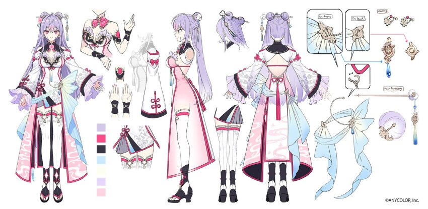 1girl ahoge black_boots blush boots breasts china_dress chinese_clothes closed_mouth clothing_cutout color_guide colored_bangs commentary_request company_name copyright_notice crossed_bangs detached_collar double_bun dress earrings english_text facing_away floral_print flower frilled_sleeves frills hair_between_eyes hair_bun hair_ornament hair_stick high_heel_boots high_heels jewelry kanzashi kozue_mone large_breasts long_hair long_sleeves looking_at_viewer mandarin_collar multicolored_dress multiple_views nardack nijisanji official_art open-toe_boots pink_dress pink_eyes pink_flower pink_hair profile purple_hair reference_sheet second-party_source shoulder_cutout shrug_(clothing) sidelocks simple_background smile strapless strapless_dress tassel thighhighs virtual_youtuber white_background white_dress white_sleeves white_thighhighs wide_sleeves