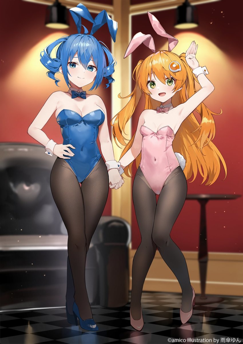 2girls amagasa_yun amiami_(company) amico animal_ears arm_up armpits artist_name black_pantyhose blue_bow blue_bowtie blue_eyes blue_footwear blue_hair blue_leotard blurry blurry_background bow bowtie breasts cleavage closed_mouth commentary_request copyright_notice covered_navel detached_collar drill_hair english_text fake_animal_ears full_body green_eyes hair_ornament hairclip high_heels highleg highleg_leotard highres holding_hands indoors large_breasts legs leotard lilco logo_hair_ornament long_hair medium_breasts medium_hair multiple_girls open_mouth orange_hair pantyhose pink_bow pink_bowtie pink_leotard pink_shoes playboy_bunny second-party_source shiny_clothes shiny_skin shoes sidelocks sleeve_cuffs smile thighs tile_floor tiles twin_drills twintails