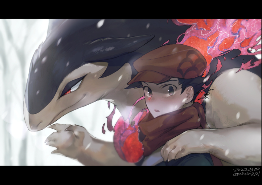 1boy black_hair claws closed_mouth commentary dated fire galaxy_expedition_team_survey_corps_uniform hat hisuian_typhlosion letterboxed looking_at_viewer male_focus nintendo outdoors parted_lips pokemon pokemon_(creature) pokemon_legends:_arceus red_eyes red_headwear red_scarf rei_(pokemon) scarf shin_(sinsin12121) signature snowing symbol-only_commentary twitter_username upper_body
