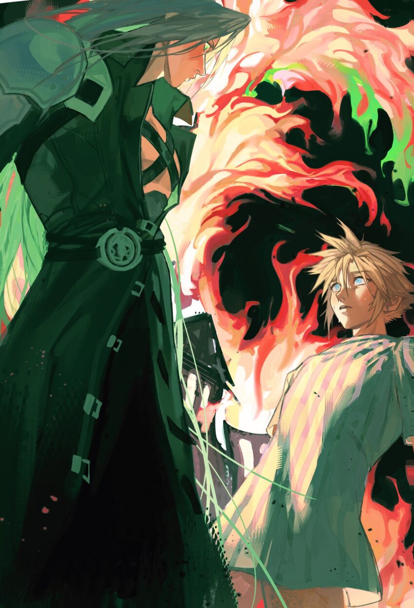 2boys armor black_coat black_pants black_straps blonde_hair blue_eyes building chest_strap cloud_strife coat collared_shirt curtained_hair ercqelx8rprduft eye_contact final_fantasy final_fantasy_vii fire highres long_hair looking_at_another male_focus multiple_boys pants parted_lips pauldrons sephiroth shirt shoulder_armor single_pauldron sweat teeth upper_teeth_only very_long_hair white_hair wing_collar