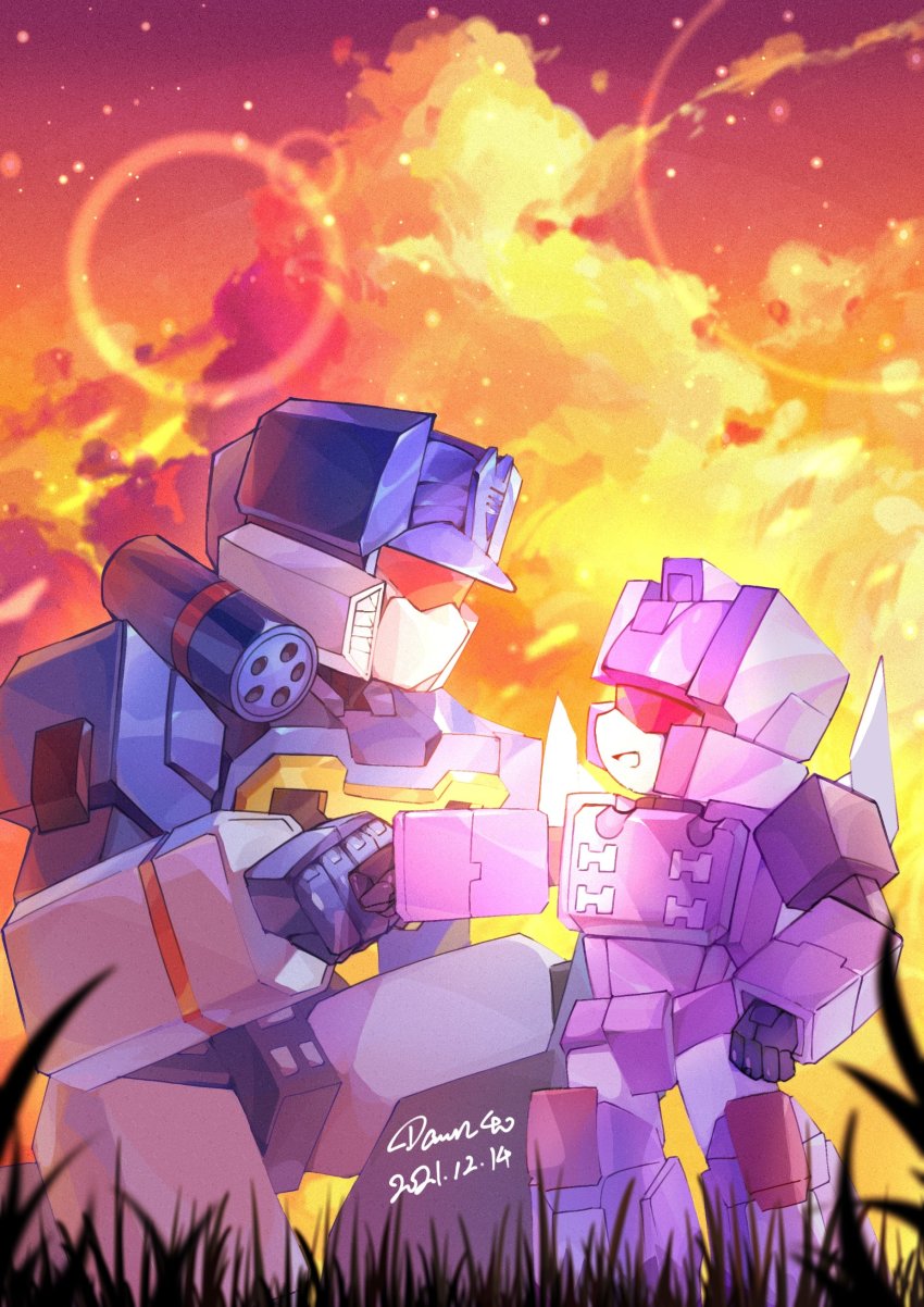 1980s_(style) 2boys absurdres alien azuredawn40 cloud dated decepticon evening fist_bump from_side grass highres looking_at_another machinery male_focus mecha multiple_boys no_humans oldschool open_mouth outdoors retro_artstyle robot rumble_(transformers) scenery science_fiction signature sky smile soundwave_(transformers) star_(sky) starry_sky transformers