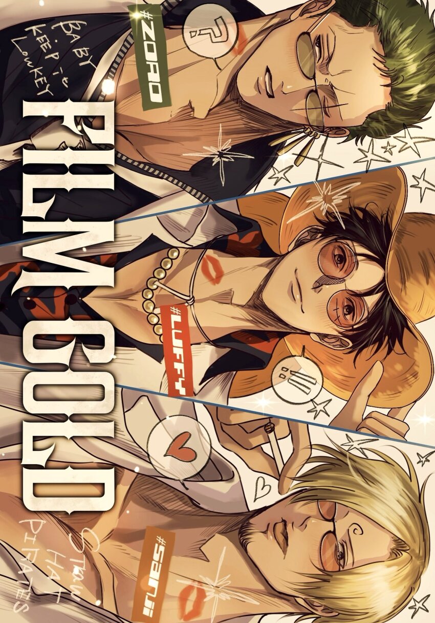! !! 3boys ? black_hat blonde_hair chain character_name commentary commentary_request copyright_name curly_eyebrows earrings facial_hair goatee green-tinted_eyewear green_hair hat heart highres jewelry lipstick_mark looking_at_viewer looking_to_the_side male_focus monkey_d._luffy multiple_boys one_piece one_piece_film:_gold rihirihi613 roronoa_zoro round_eyewear sanji_(one_piece) scar scar_on_face short_hair smile sparkle straw_hat tinted_eyewear upper_body