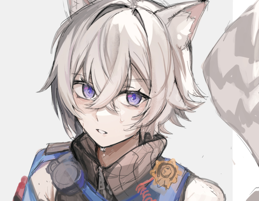 1boy animal_ears cat_boy cat_ears cat_tail hair_between_eyes looking_to_the_side open_mouth police police_uniform policeman purple_eyes ro/ku seth_lowell short_hair simple_background tail white_background white_hair zenless_zone_zero